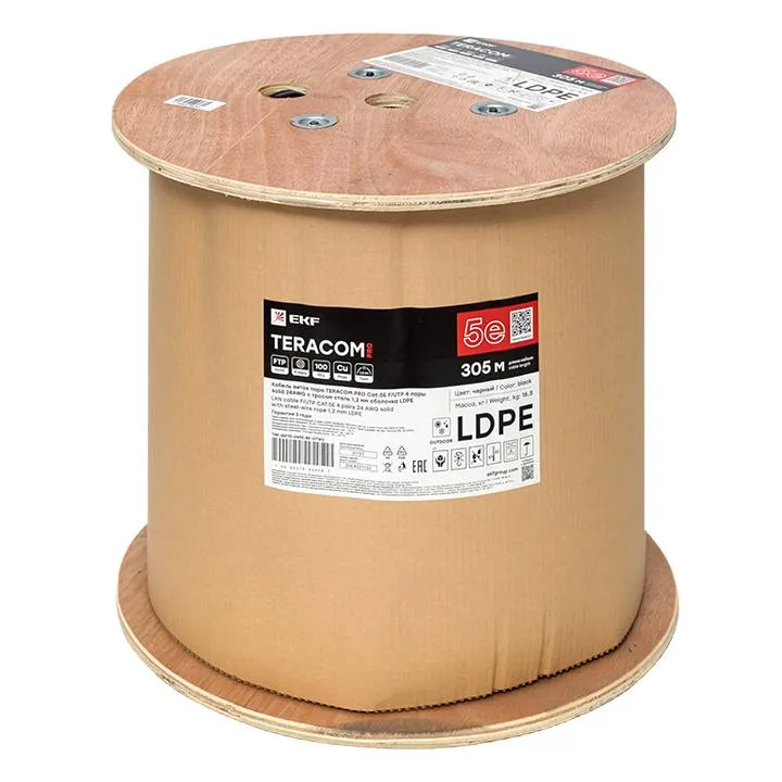 Кабель витая пара TERACOM PRO Cat.5E F/UTP 4 пары solid 24AWG с тросом сталь 1,2 мм оболочка LDPE цвет черный (катушка 305м) Кабель витая пара TERACOM PRO Cat.5E F/UTP 4 пары solid 24AWG с тросом сталь 1,2 мм оболочка LDPE цвет черный (катушка 305м)