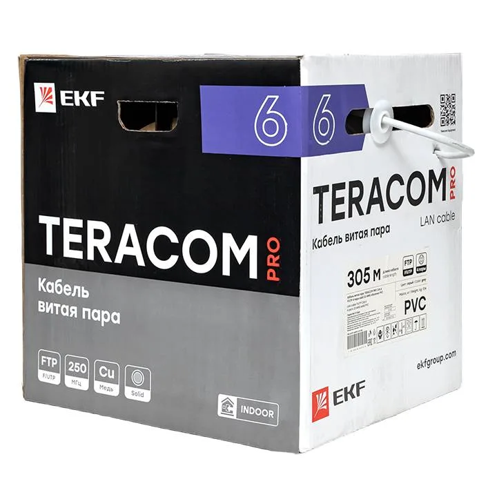 Кабель витая пара TERACOM PRO CAT.6 F/UTP 4 пары solid 23AWG оболочка PVC цвет серый (упак. 305м) Кабель витая пара TERACOM PRO CAT.6 F/UTP 4 пары solid 23AWG оболочка PVC цвет серый (упак. 305м)