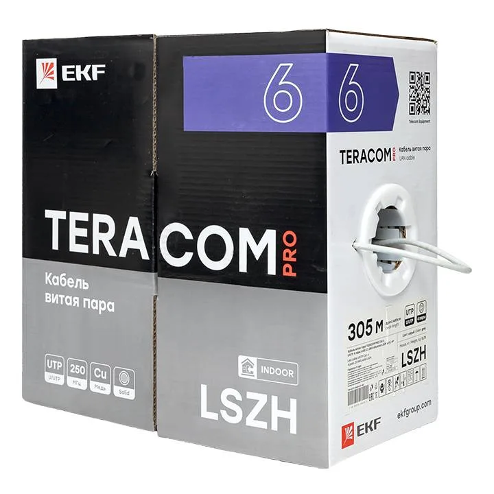 Кабель витая пара TERACOM PRO Cat.6 U/UTP 4 пары solid 23AWG оболочка LSZH нг(А)-HF цвет серый (упак. 305м) Кабель витая пара TERACOM PRO Cat.6 U/UTP 4 пары solid 23AWG оболочка LSZH нг(А)-HF цвет серый (упак. 305м)