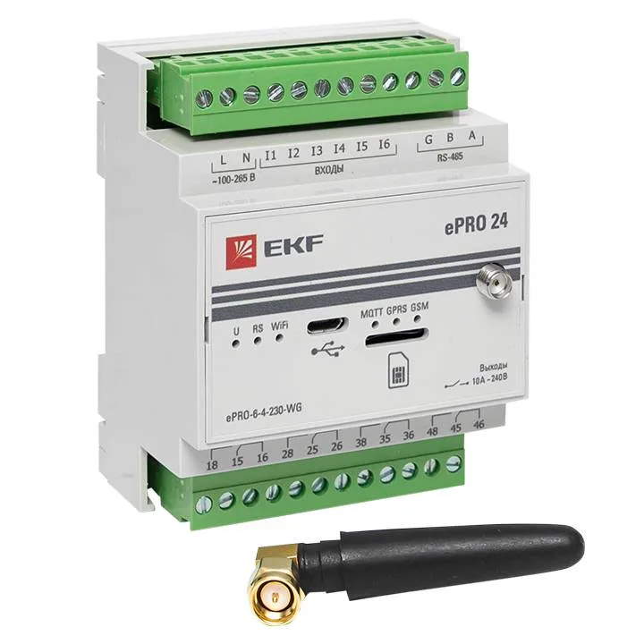 Контроллер базовый ePRO24 удаленного управления 6вх\4вых 230В WiFi GSM с внешней антенной EKF PROxima Контроллер базовый ePRO24 удаленного управления 6вх\4вых 230В WiFi GSM с внешней антенной EKF PROxima