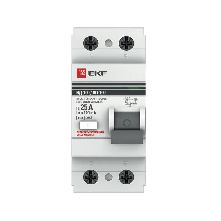 Устройство защитного отключения УЗО ВД-100 2P 25А/100мА (электромеханическое) EKF PROxima Устройство защитного отключения УЗО ВД-100 2P 25А/100мА (электромеханическое) EKF PROxima
