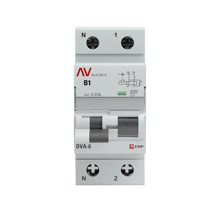 Дифференциальный автомат DVA-6 1P+N 1А (B) 30мА (AC) 6кА EKF AVERES rcbo6-1pn-1B-30-ac-av Дифференциальный автомат DVA-6 1P+N 1А (B) 30мА (AC) 6кА EKF AVERES rcbo6-1pn-1B-30-ac-av