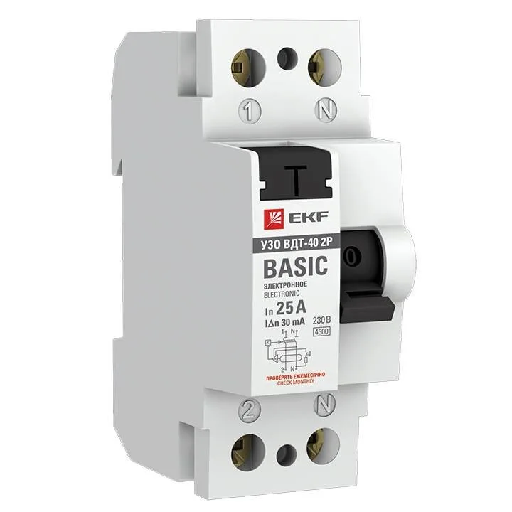 Устройство защитного отключения УЗО ВДТ-40 2P 25А/ 30мА (электронное) EKF Basic Устройство защитного отключения УЗО ВДТ-40 2P 25А/ 30мА (электронное) EKF Basic