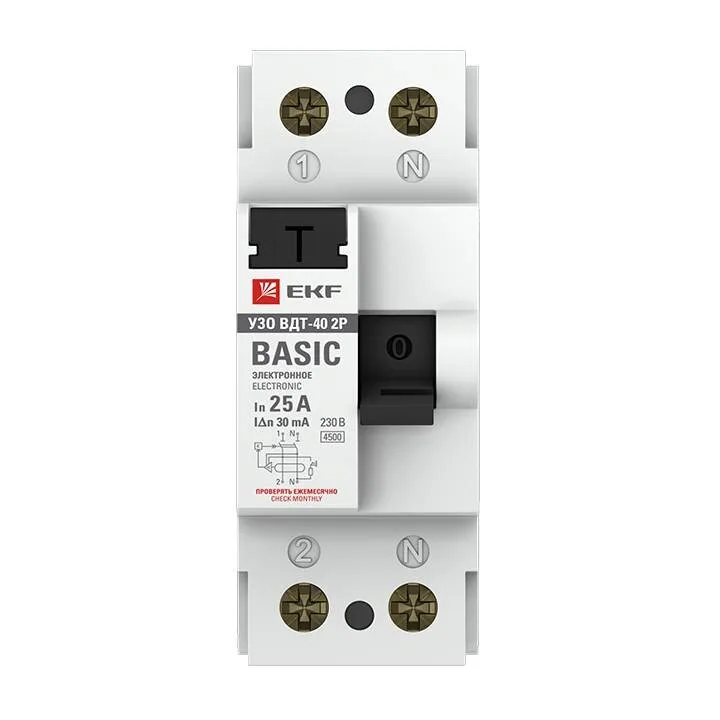 Устройство защитного отключения УЗО ВДТ-40 2P 25А/ 30мА (электронное) EKF Basic Устройство защитного отключения УЗО ВДТ-40 2P 25А/ 30мА (электронное) EKF Basic