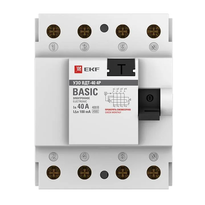 Устройство защитного отключения УЗО ВДТ-40 4P 40А/100мА (электронное) EKF Basic Устройство защитного отключения УЗО ВДТ-40 4P 40А/100мА (электронное) EKF Basic