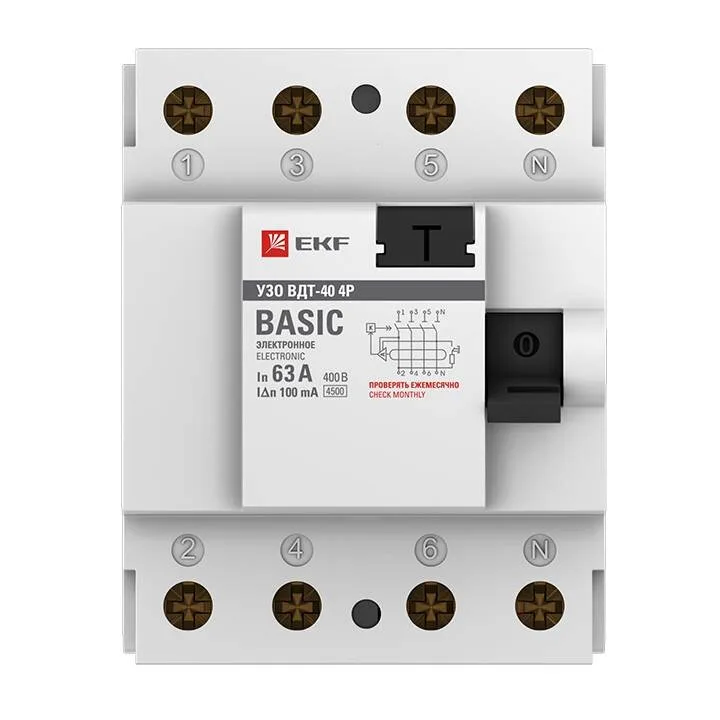 Устройство защитного отключения УЗО ВДТ-40 4P 63А/100мА (электронное) EKF Basic Устройство защитного отключения УЗО ВДТ-40 4P 63А/100мА (электронное) EKF Basic