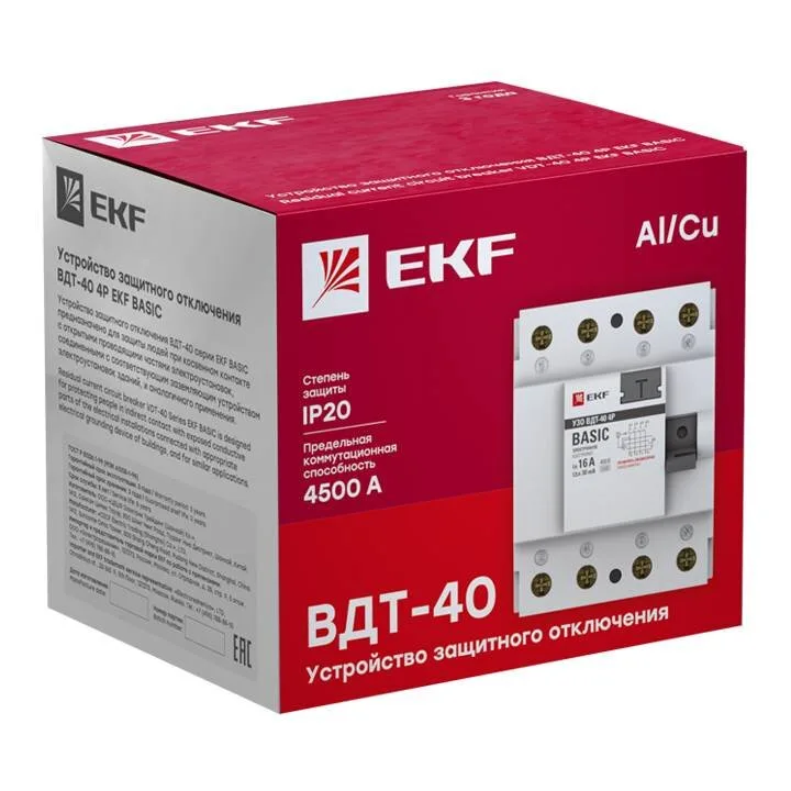 Устройство защитного отключения УЗО ВДT-40 4P 63А/300мА (электронное) EKF Basic Устройство защитного отключения УЗО ВДT-40 4P 63А/300мА (электронное) EKF Basic