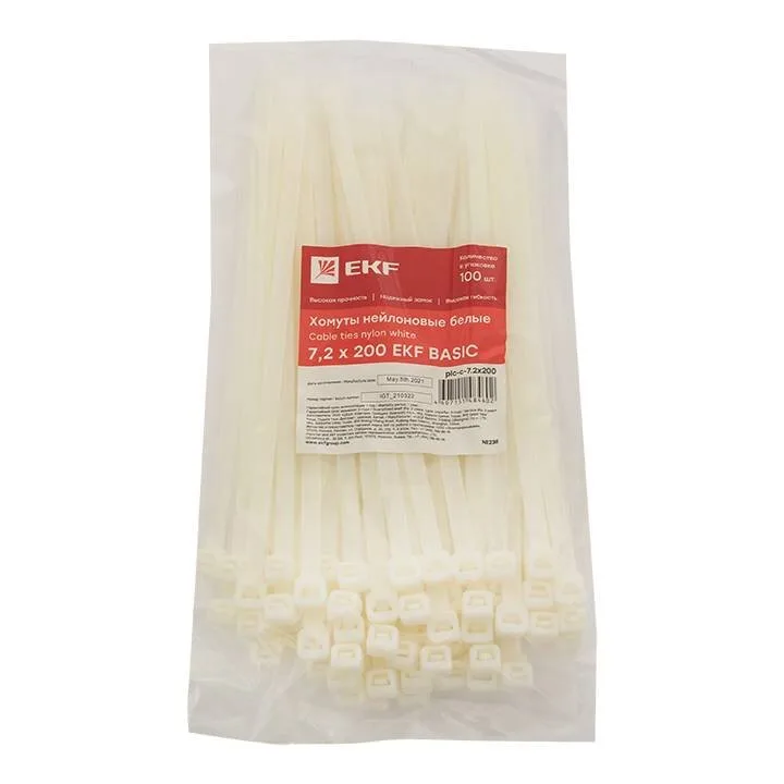 Хомут нейлоновый (7,2х200) (100шт.) EKF Basic Хомут нейлоновый (7,2х200) (100шт.) EKF Basic