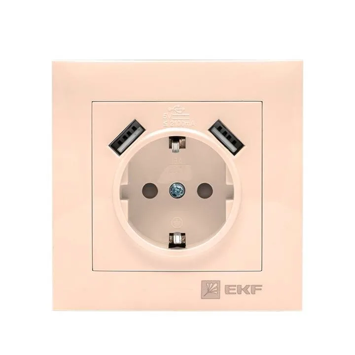 Валенсия розетка 1-местная с/з 16А кремовая с защ. штор. с 2 USB 2,1А EKF PROxima Валенсия розетка 1-местная с/з 16А кремовая с защ. штор. с 2 USB 2,1А EKF PROxima