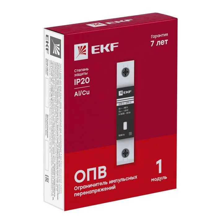 Ограничитель импульсных напряжений ОПВ-B/1P In 30кА 440В с сигн. EKF PROxima Ограничитель импульсных напряжений ОПВ-B/1P In 30кА 440В с сигн. EKF PROxima